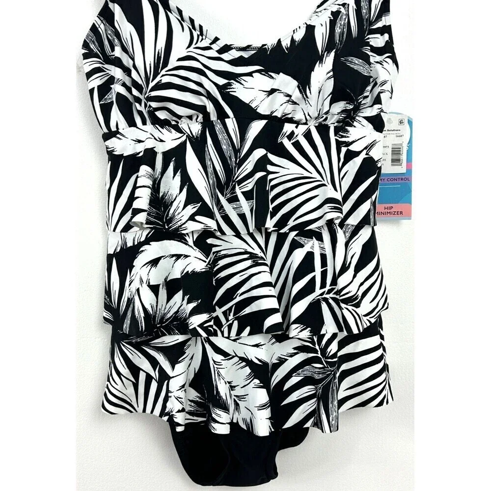 Swim Solutions Feather Bloom Black White Triple Tier One Piece Swimsuit Sz 8 - Picture 5 of 12